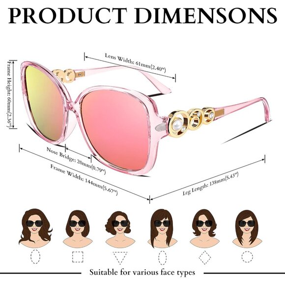 Womens Pink Fashion Sunglasses Square Frame With Pearl Sparkling Eyes Protection - Picture 4 of 14